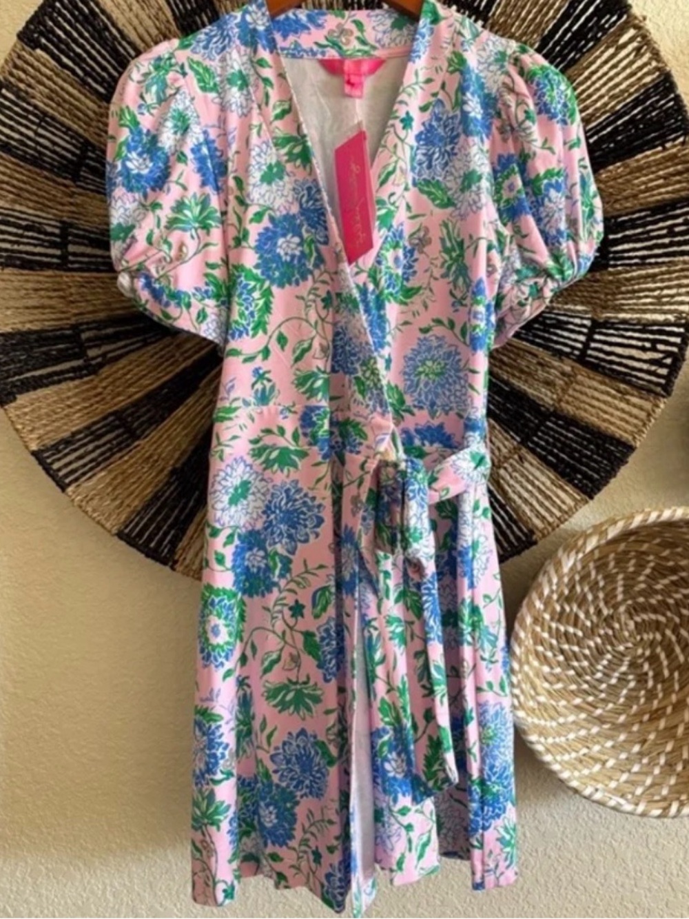 Lilly Pulitzer Pink Floral Wrap Dress with Blue and Green Print